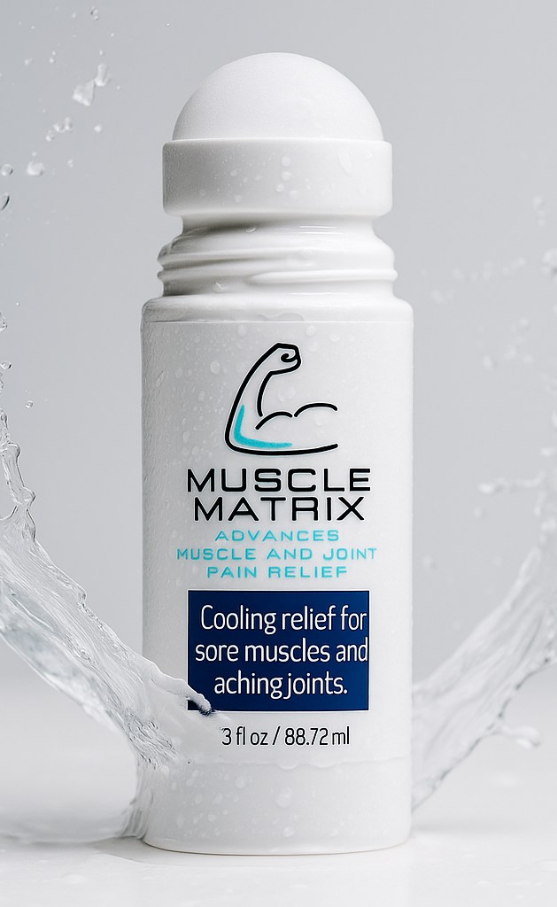 Muscle Matrix Roll-On Pain Relief Gel with Splash Effect Muscle Matrix roll-on pain relief gel bottle with water splashing around it, emphasizing a clean, refreshing, and fast-acting formula.